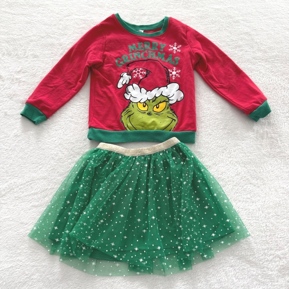 The Grinch Merry Grinchmas Girls Christmas Outfit 2Pc Tulle‎ Skirt Set Size 5T